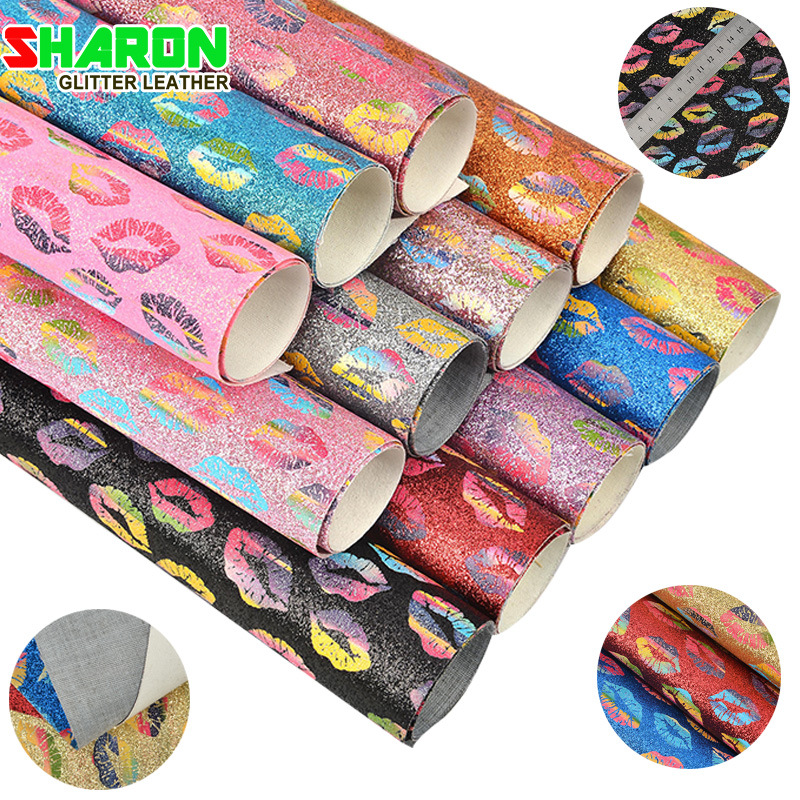 SR18037 PU底烫金彩唇金葱闪粉128格利特箱包礼品盒包装皮革面料