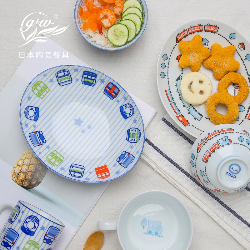 일본 어린이 기차 식기 세트, 유약 밑색 도자기 밥그릇, 접시, 국그릇, 머그컵, 만화 세트
