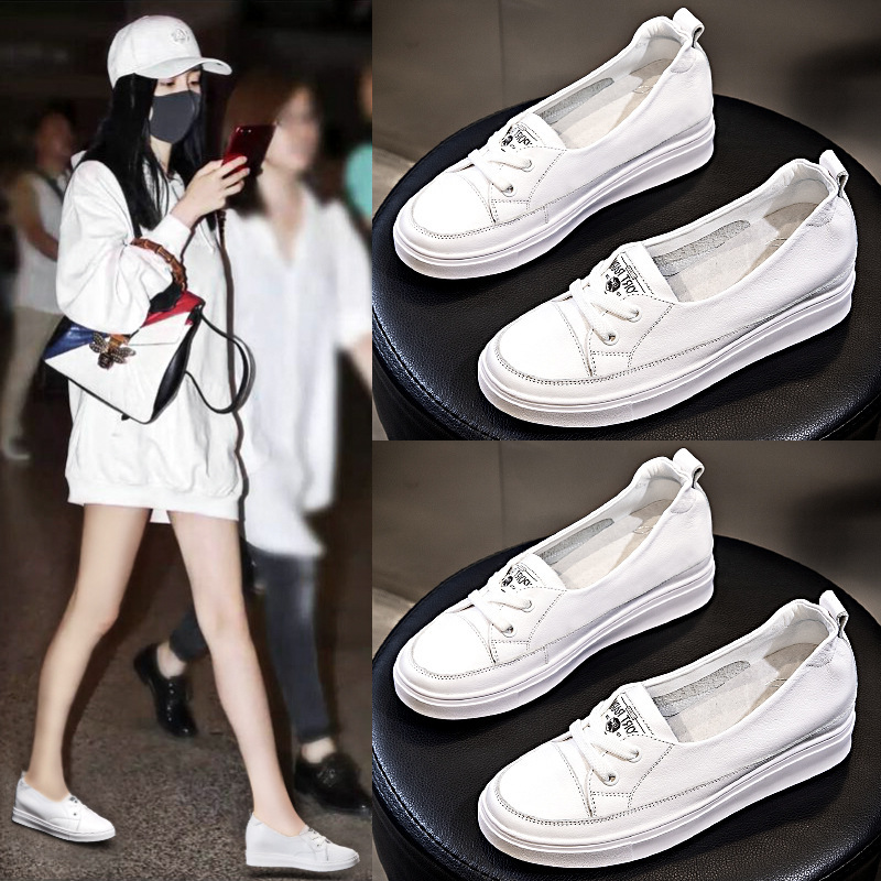 Summer Pure Leather Shallow Mouth Height-Increasing White Shoes for Women 2026 Summer Model Breathable Versatile Genuine Leather Slip-On Sneakers