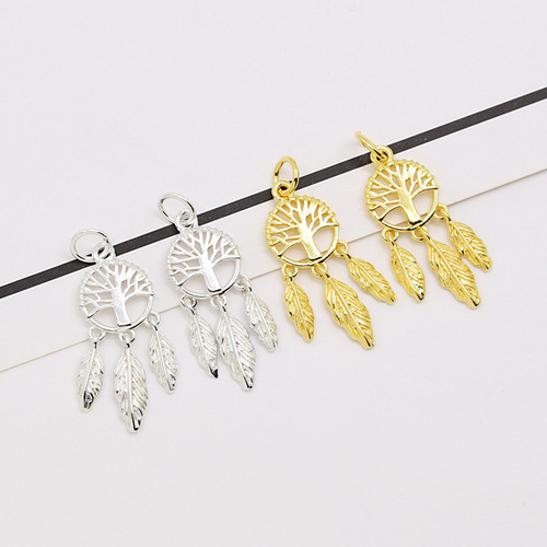 S925 sterling silver gold plated dream catcher pendant DIY handmade beaded bracelet accessories tree of life wind chime pendant