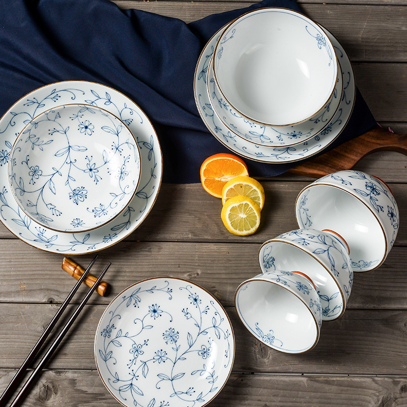 Japanese Ceramic Line Tangcao Tableware Mino-Yaki Japanese-Style Tangcao Pattern Bowls and Plates Underglaze Color Lightweight Porcelain