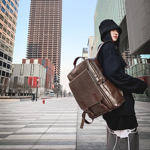 2024 New Waterproof Dual-Shoulder Bag for Men, PU Fashion Trend Retro School Bag, Simple and Versatile Business Backpack