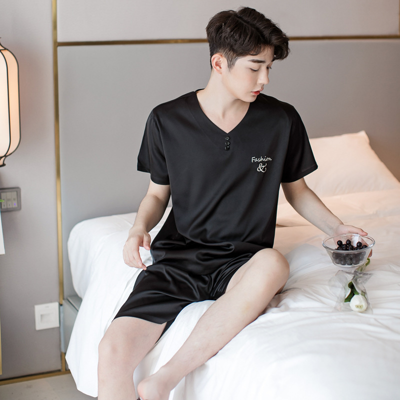 A generation of hair satin silk pajamas men's spring and summer new silk short sleeve shorts pajamas set
