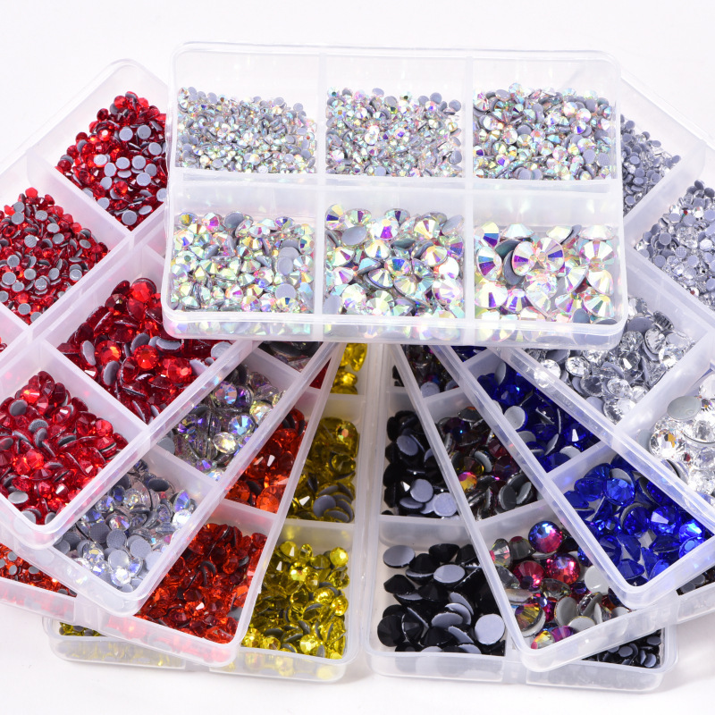 Glass Rhinestone Jewelry Six-Compartment Box, Sparkling Flat-Bottom Imitation Austrian Rhinestones, Hot-Fix Rhinestones, Electroplated Large Fan DIY Accessories
