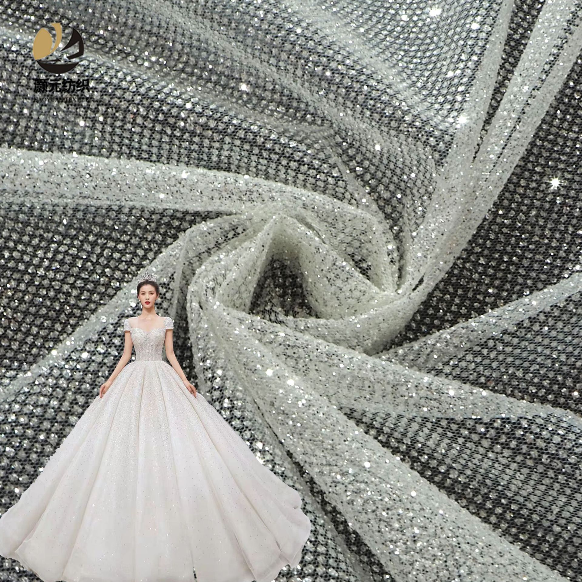 Inventario completo secreto láser de plata esterlina dorado sequinilla malla tela de vestido de boda tela de moda de mujer