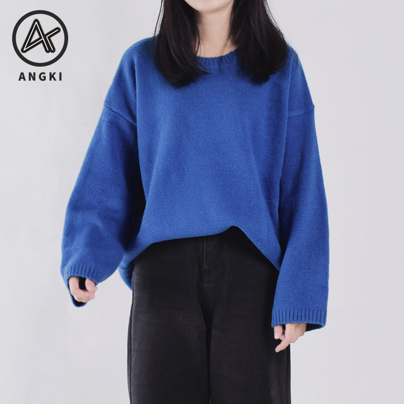 Japanese Sweet Klein Blue Girlfriend Plus Size Sweater BF Lazy Style Girl Solid Color Loose Knitted Sweater Japanese Sweet Klein Blue Girlfriend Plus Size Sweater BF Lazy Style Girl Solid Color Loose Knitted Sweater