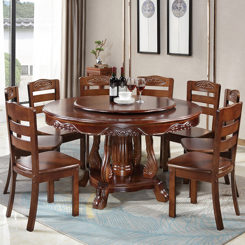 Chinese Style Solid Wood Round Table with Turntable Household Solid Wood Dining Table and Chair Combination Dining Table Restaurant Hot Pot Table