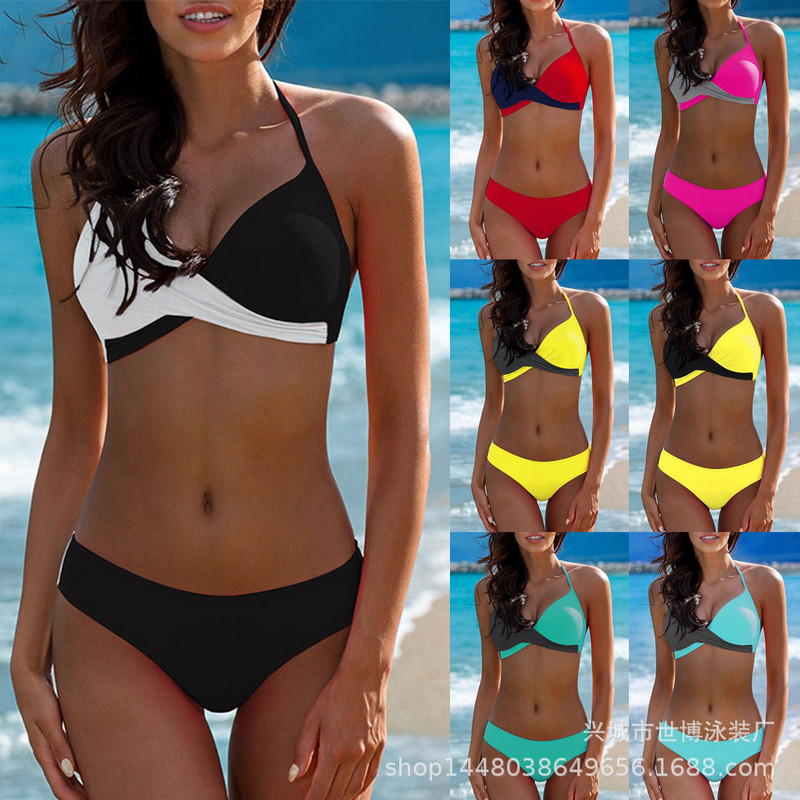 2023 new swimsuit European and American sexy solid color split swimsuit color matching 7 color swimsuit bikini wholesale