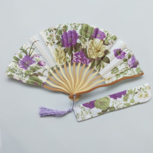 跨境款 缎面龙扇加扇袋 S骨扇优雅女士扇姹紫 日式折叠扇子