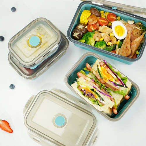 Portable foldable silicone lunch box, heat-resistant microwave lunch box, crisper box, sealed and leak-proof baby food box