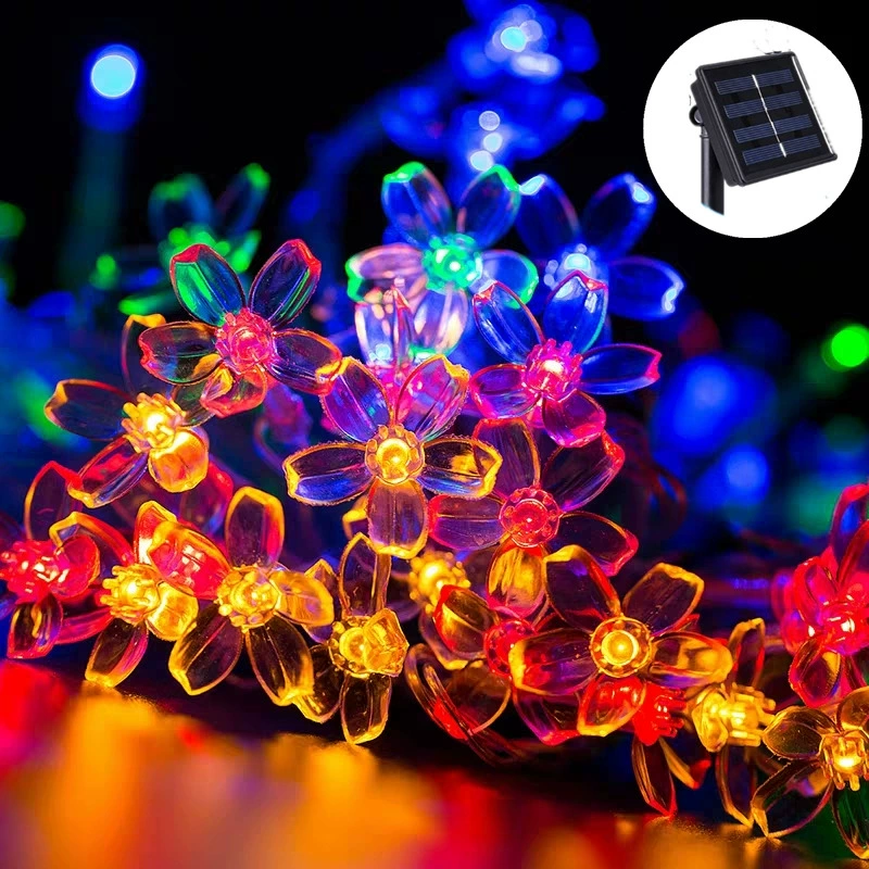 LED-гирлянды, цветы-лампочки, солнечный или батарейный источник питания, тёплый белый или многоколор, длина 1.5–12 м
