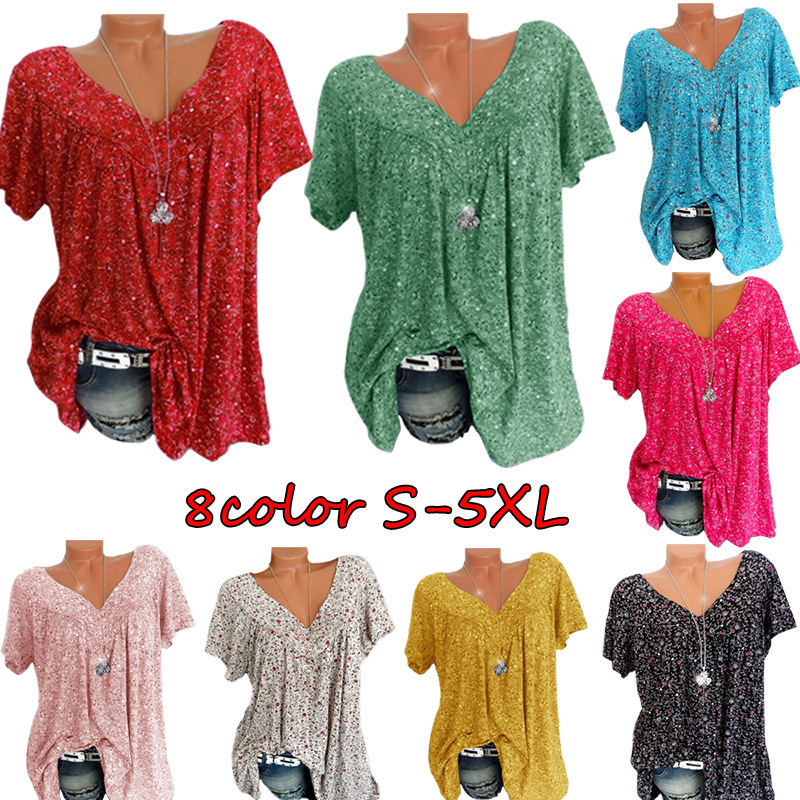 New cross-border European and American women's clothing 2019 summer wish Amazon ebay popular V-neck loose short sleeve printed T-shirt