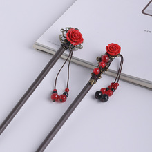 新中式盘发簪子古风发饰流苏步摇发簪红色簪花古装配饰汉服头饰女