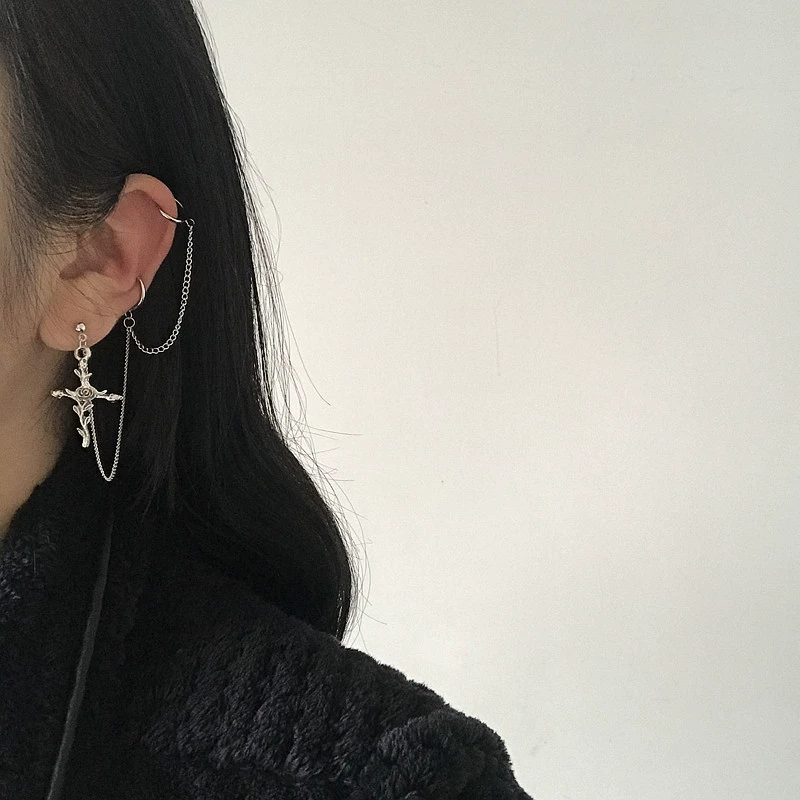 Earring (Brand) metal pendant ear-clip, European punk chain cross, simple elegant 8×6 cm