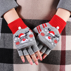Christmas gloves for women winter half-finger flip-up cold-proof warm knitted wool cute cartoon fingerless students wholesale