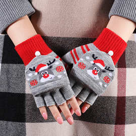 圣诞节手套女冬季半指翻盖防寒保暖针织毛线可爱卡通露指学生手套