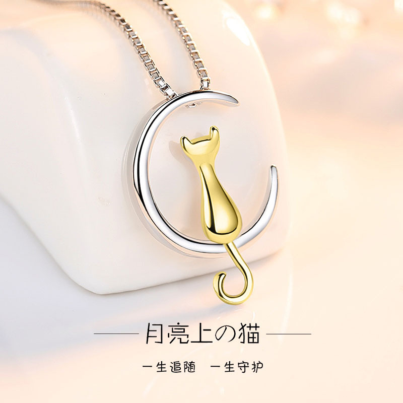 Collar de plata s925 hembra gato Luna gato corto clavícula Cadena de diamante incrustado diseño lindo personalidad cadena colgante para novia