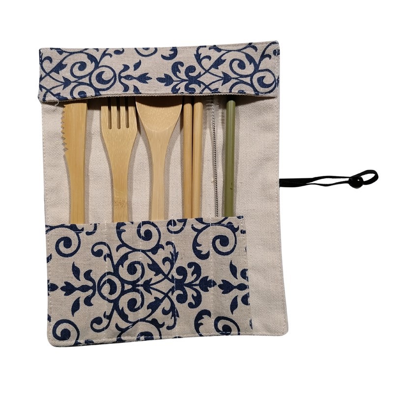 Cuchillo de bambú, tenedor y cuchara de bambú vajilla traje bolsa de paja de bambú conjunto de regalo