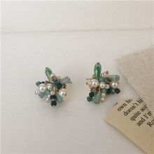 韩国气质晶莹水晶孔雀绿手作珍珠花朵银针耳钉超仙设计感耳饰