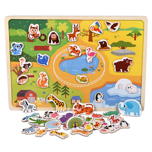Cross-border hot-selling wooden magnetic moving puzzles, educational early education animal transportation puzzles, wooden children's toys