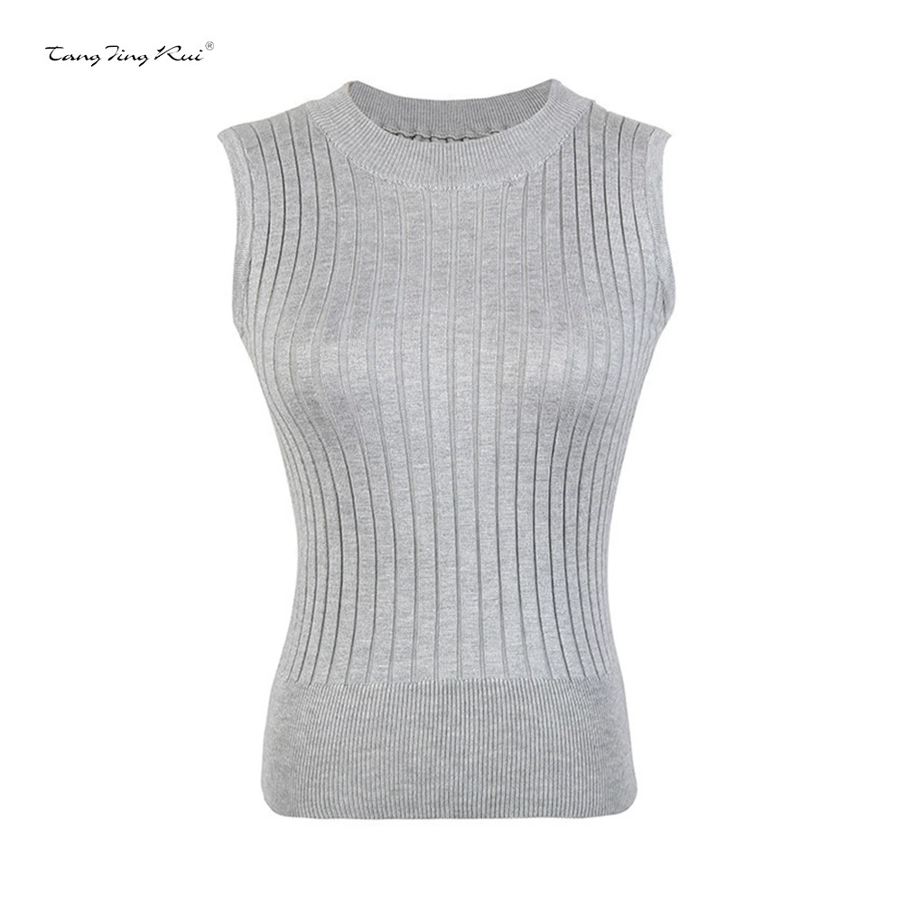 Solid base rostometer, knitted bra top, sweater sleevless, T-shirt, slim fit, high collar