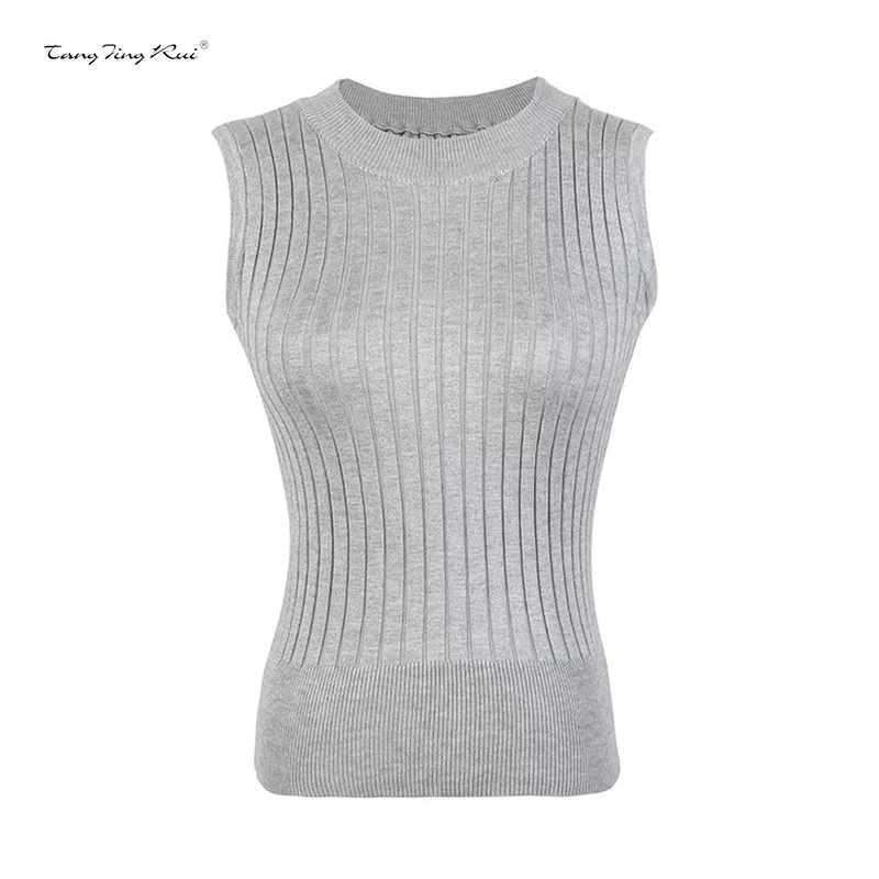 Solid base rostometer, knitted bra top, sweater sleevless, T-shirt, slim fit, high collar