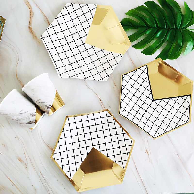 ins style hexagonal gilding Plaid paper plate disposable environmentally friendly party tableware birthday party activity paper plate