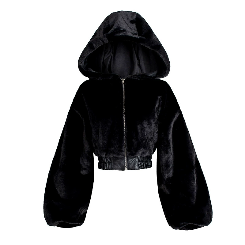 Short hoody jacket, European style, high-waist cropped design, plush hood, sizes S–L