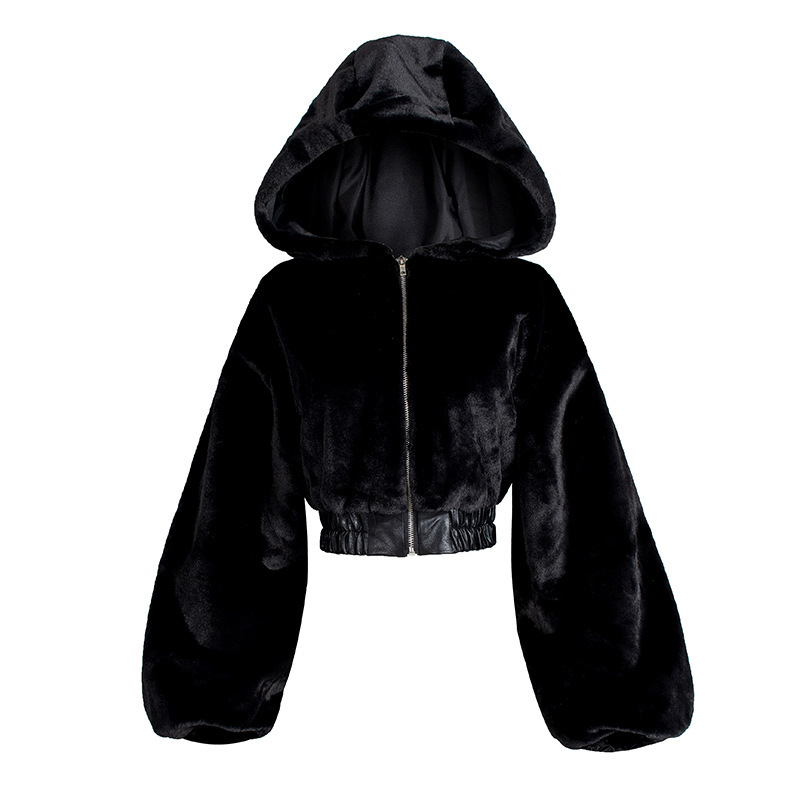 2025 New Foreign Trade European and American Style Street Fashion Short High-Waisted Textured Fur Hooded Jacket for Women 2025 New Foreign Trade European and American Style Street Fashion Short High-Waisted Textured Fur Hooded Jacket for Women