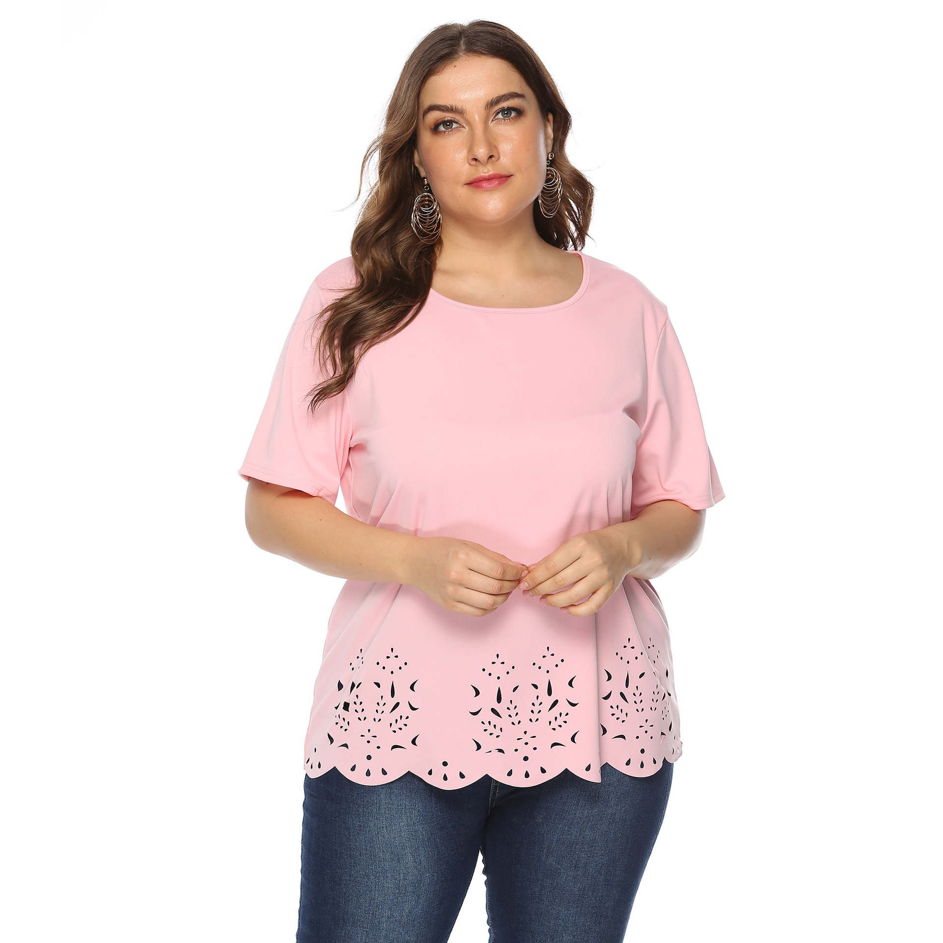 Cross-border Plus tamaño de las mujeres de color sólido quemado flor hueco borde de la onda simple casual cuello redondo Camiseta de manga corta para las mujeres 10019
