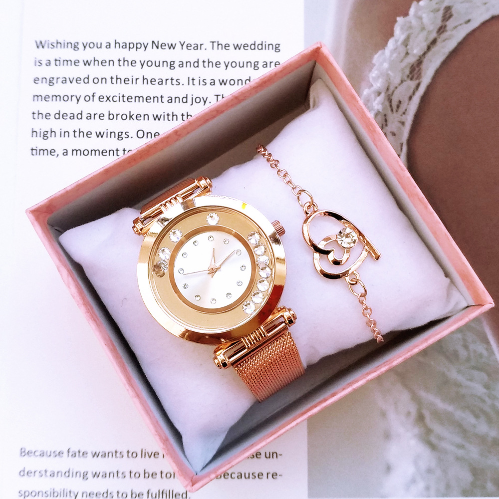 时尚潮流女士腕表两件套套装礼品女表滚珠流沙水钻手链女表石英表