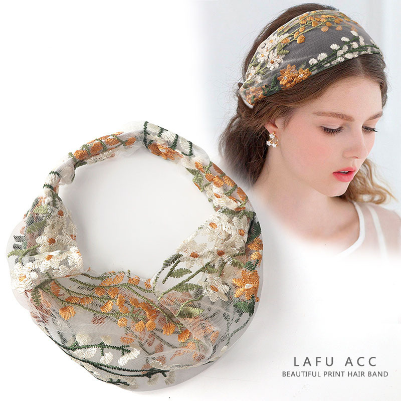 Summer Thin Embroidered Headscarf Hair Bag Women's White Hair Cover Wide Edge Fashion Wide Lace Pressure Hair Cover Hair Band Headwear