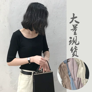 双曲冰丝针织衫女 套头纯色方领中袖T恤女夏装修身上衣 一件代发