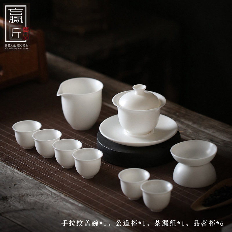 Winjiang hecho a mano Dehua ovejas grasa Jade blanco porcelana Kung Fu juego de té grande Tazón de cubierta Xishi hogar taza de té de cerámica traje de personalización