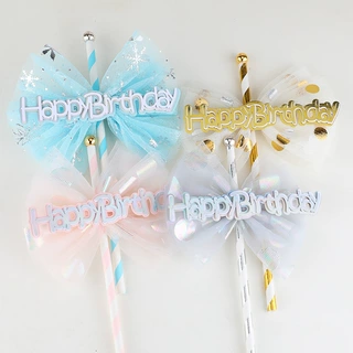 版权ins风吸管网纱蝴蝶结HappyBirthday插件 生日蛋糕装饰用品