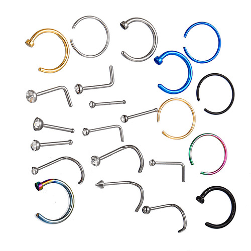 F1725A3 Han Zhi Shang New Stainless Steel Nose Stud Nose Ring Curved Nose Pin C-Shaped Nose Ring Set of 22 Piercings Mixed