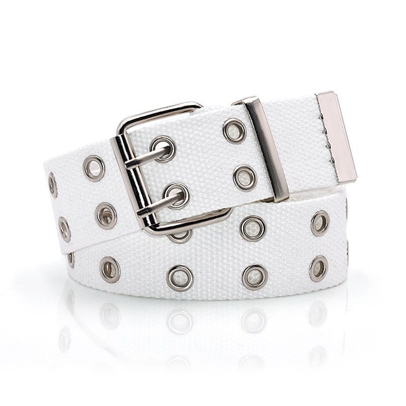 Tiro de la calle moda doble fila todo agujero cinturón lona alargado chic unisex Hollow jeans con colgante