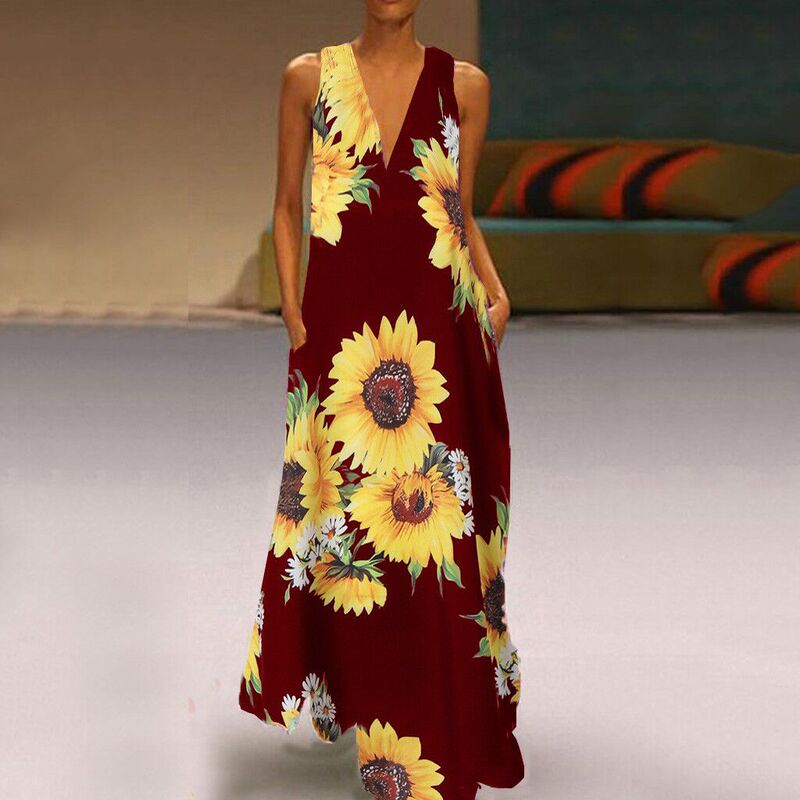 Independent Station New Explosions Women's Bohemian Print Sunflower dress V-neck Sleeveless Pocket Summer Long Dress Independent Station New Explosions Women's Bohemian Print Sunflower dress V-neck Sleeveless Pocket Summer Long Dress