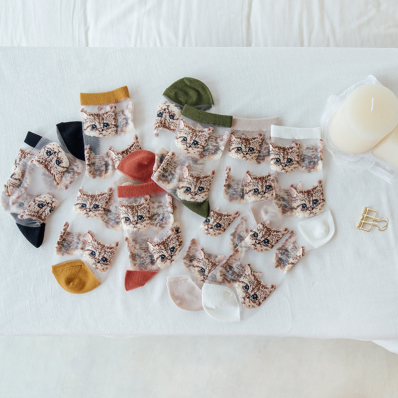 Card Silk Stockings Children's Transparent Cartoon Cute Cat Japanese Style Short Socks Summer Thin Glass Silk Ins Fashionable Mid-Sock Card Silk Stockings Children's Transparent Cartoon Cute Cat Japanese Style Short Socks Summer Thin Glass Silk Ins Fashionable Mid-Sock