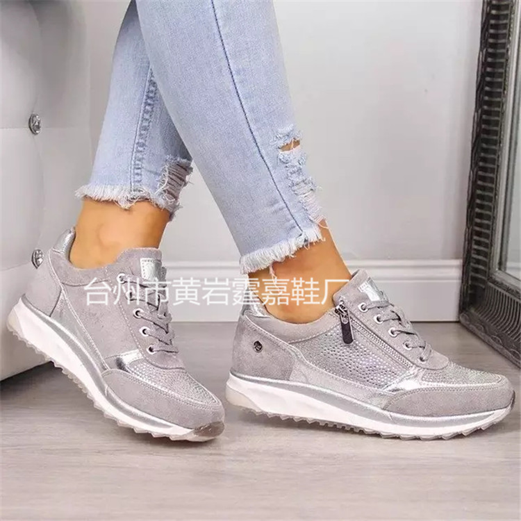 AliExpress Cross-border 40-43 Large Size Single-layer Shoes Women's New British Height-increasing Sneakers Women's Mid-heel Lace-up Running Shoes
