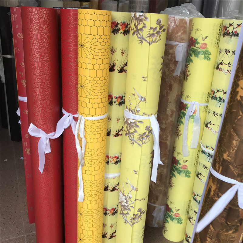 [Xianfan] en stock al por mayor amarillo PVC imitación pergamino tela de lino pantalla material decorativo