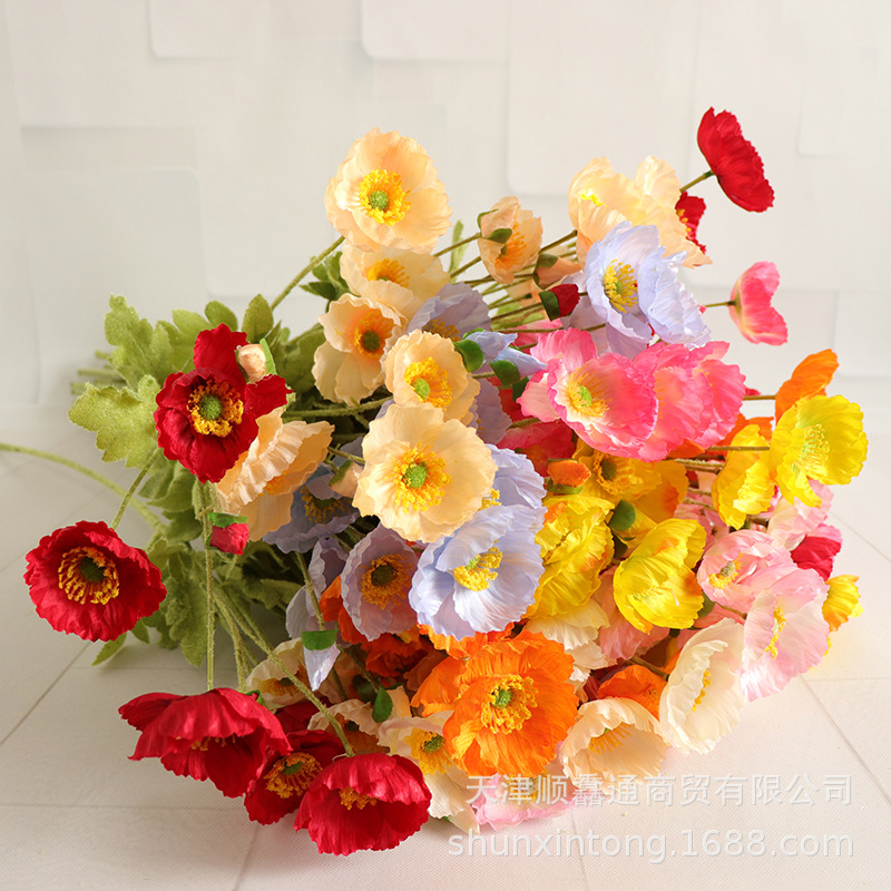 Artificial flocado seda flor boda lugar decoración camino plomo flor arreglo floral pequeño amapola primavera fresco floral