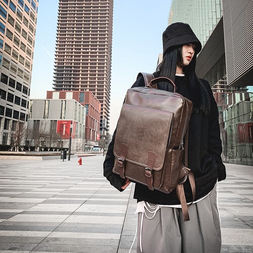 2024 New Waterproof Dual-Shoulder Bag for Men, PU Fashion Trend Retro School Bag, Simple and Versatile Business Backpack