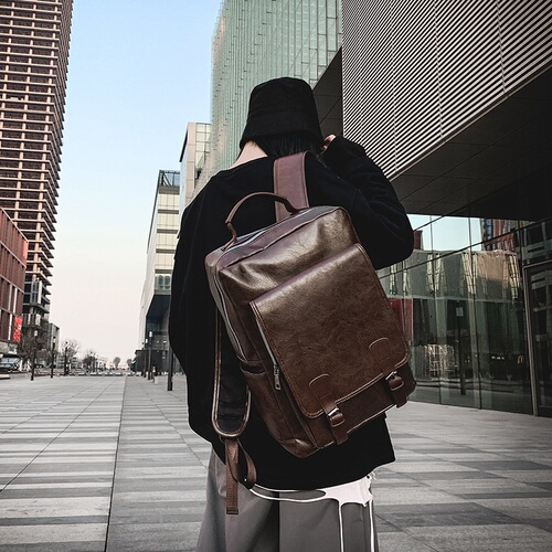 2024 New Waterproof Dual-Shoulder Bag for Men, PU Fashion Trend Retro School Bag, Simple and Versatile Business Backpack