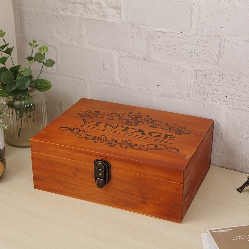Vintage Solid Wood Document Organizer Box With Lock For Storage_voghion.com