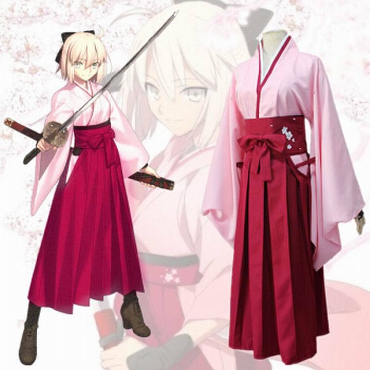 Fate Grand Order Sakura Saber Okita Souji Pink Kimono Cosplay Costume Japanese Anime