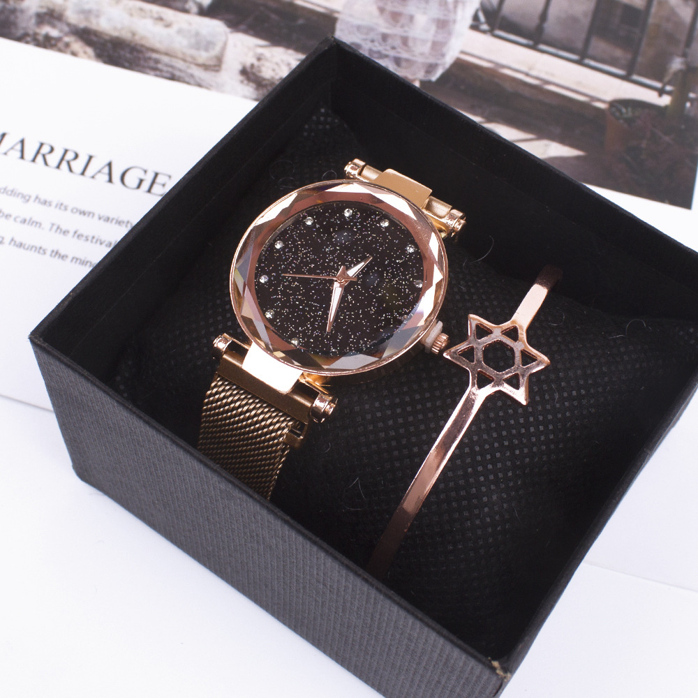 Foreign Trade Cross-Border Magnet Watch Wish Aliexpress Women's Casual Versatile Two-Piece Suit Starry Sky Women's Watch
