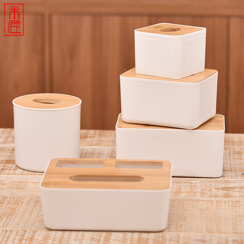 Creative desktop tissue box Nordic bamboo lid paper box bedroom living room hotel napkin storage box LOGO
