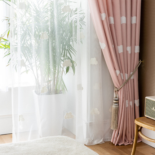Embroidered Clouds Pink Fabric Window Curtain Material Thickened Sheer Window Curtain for Bedroom Living Room Children's Room Girl Cartoon Nook
