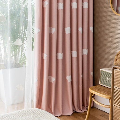 Embroidered Clouds Pink Fabric Window Curtain Material Thickened Sheer Window Curtain for Bedroom Living Room Children's Room Girl Cartoon Nook